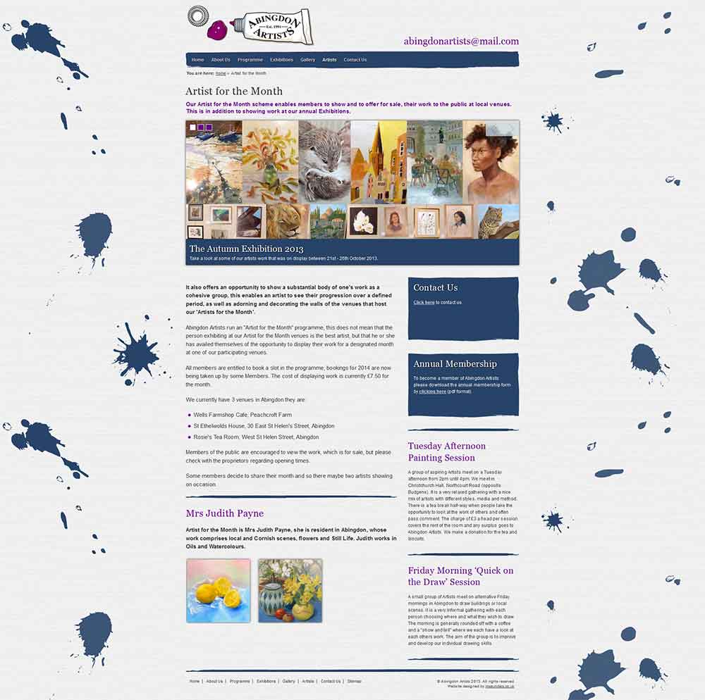 Screenshot of the Abingdon Artists artist for the month webpage in a desktop viewport