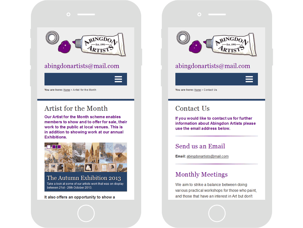Screenshot of the Abingdon Artists artist for the month & contact us webpages in mobile viewports