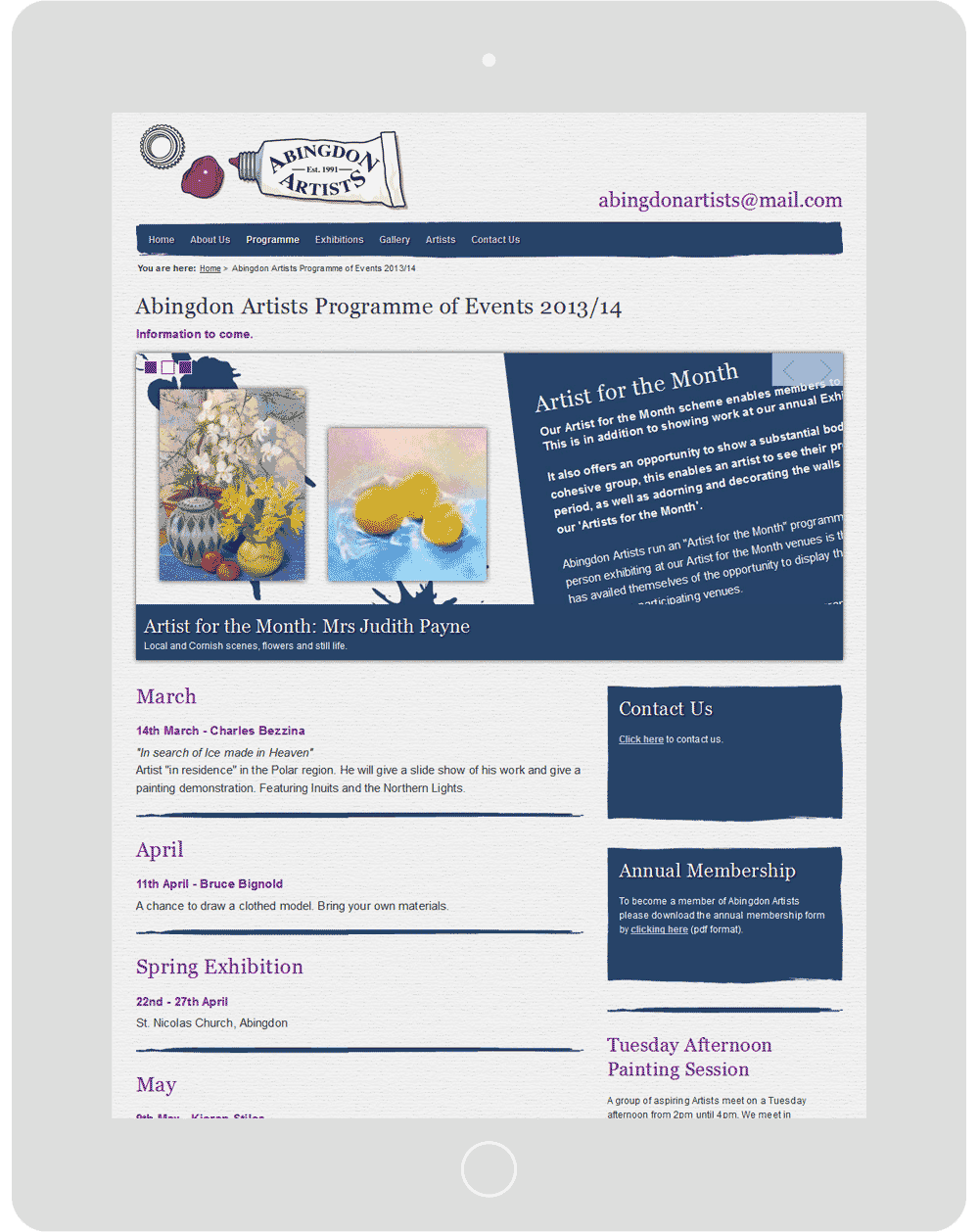 Screenshot of the Abingdon Artists programme of events webpage in a tablet viewport
