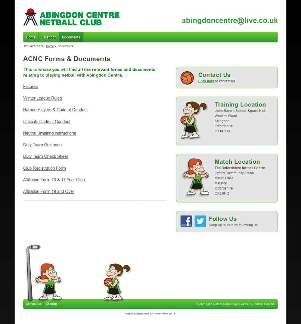 Screenshot of the Abingdon Centre Netball Club forms & documents webpage in a desktop viewport