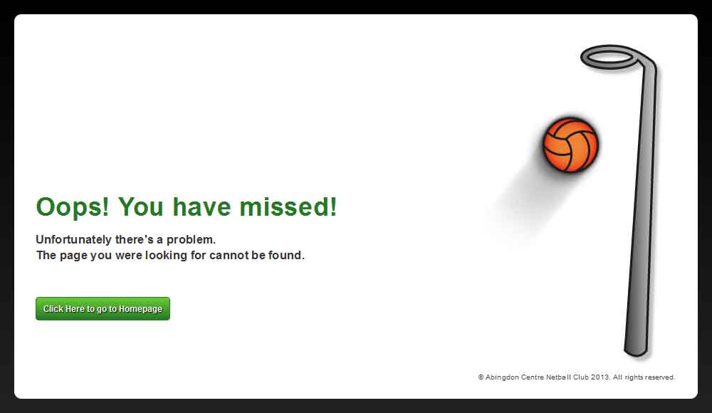 Screenshot of the Abingdon Centre Netball Club error webpage in a tablet viewport
