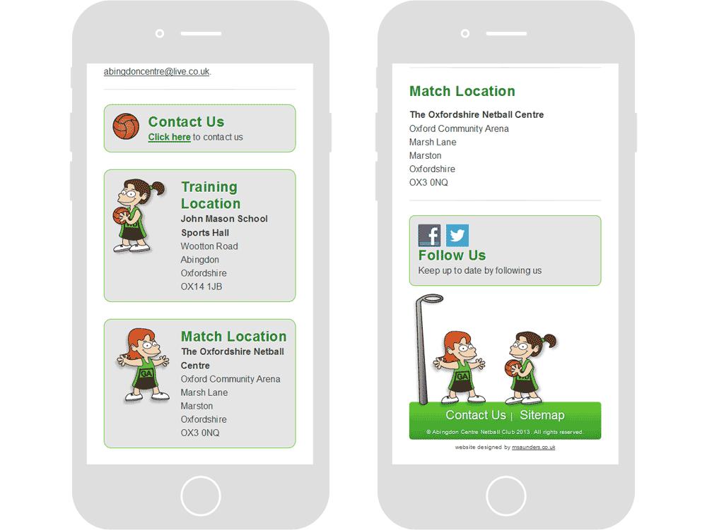 Screenshot of the Abingdon Centre Netball Club sitemap & contact us webpages in mobile viewports