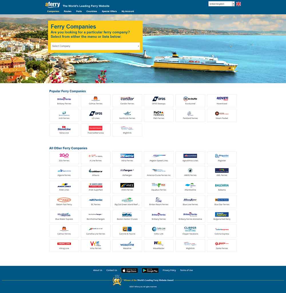 Screenshot of the AFerry companies webpage in a desktop viewport
