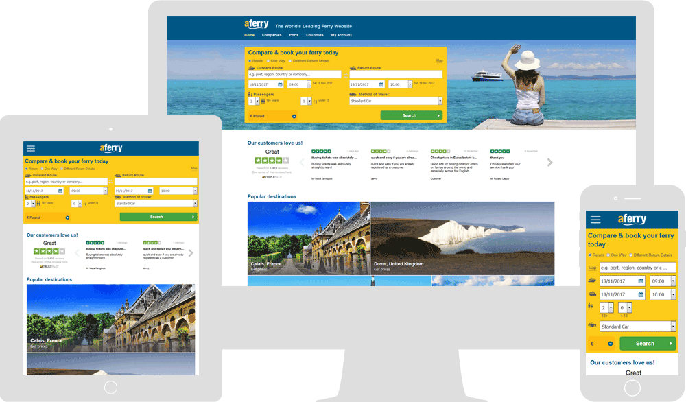 Screenshot of the AFerry homepage in mobile, tablet & desktop viewports