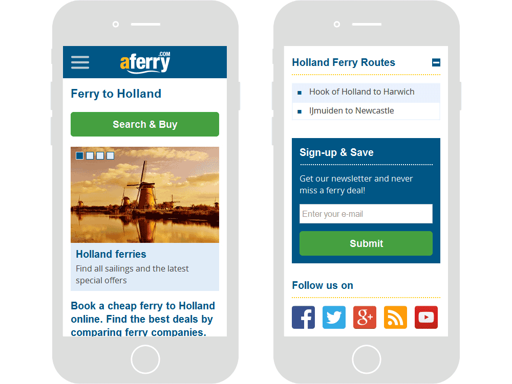 Screenshot of the AFerry ferry to Holland & ferry schedules webpages in mobile viewports