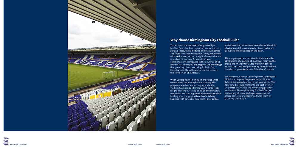 Screenshot of the Birmingham City Football Club corporate brochure double page spread