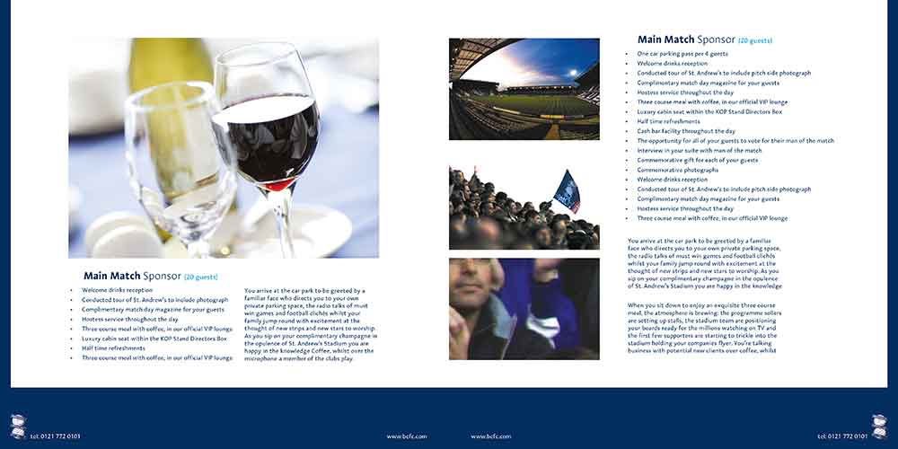 Screenshot of the Birmingham City Football Club corporate brochure double page spread