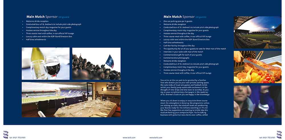 Screenshot of the Birmingham City Football Club corporate brochure double page spread