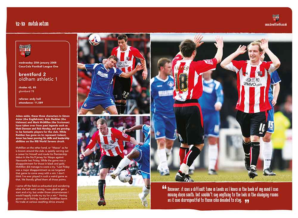 Screenshot of the Brentford Football Club matchday programme match action spread