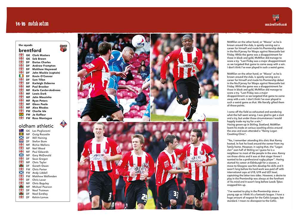 Screenshot of the Brentford Football Club matchday programme match action spread