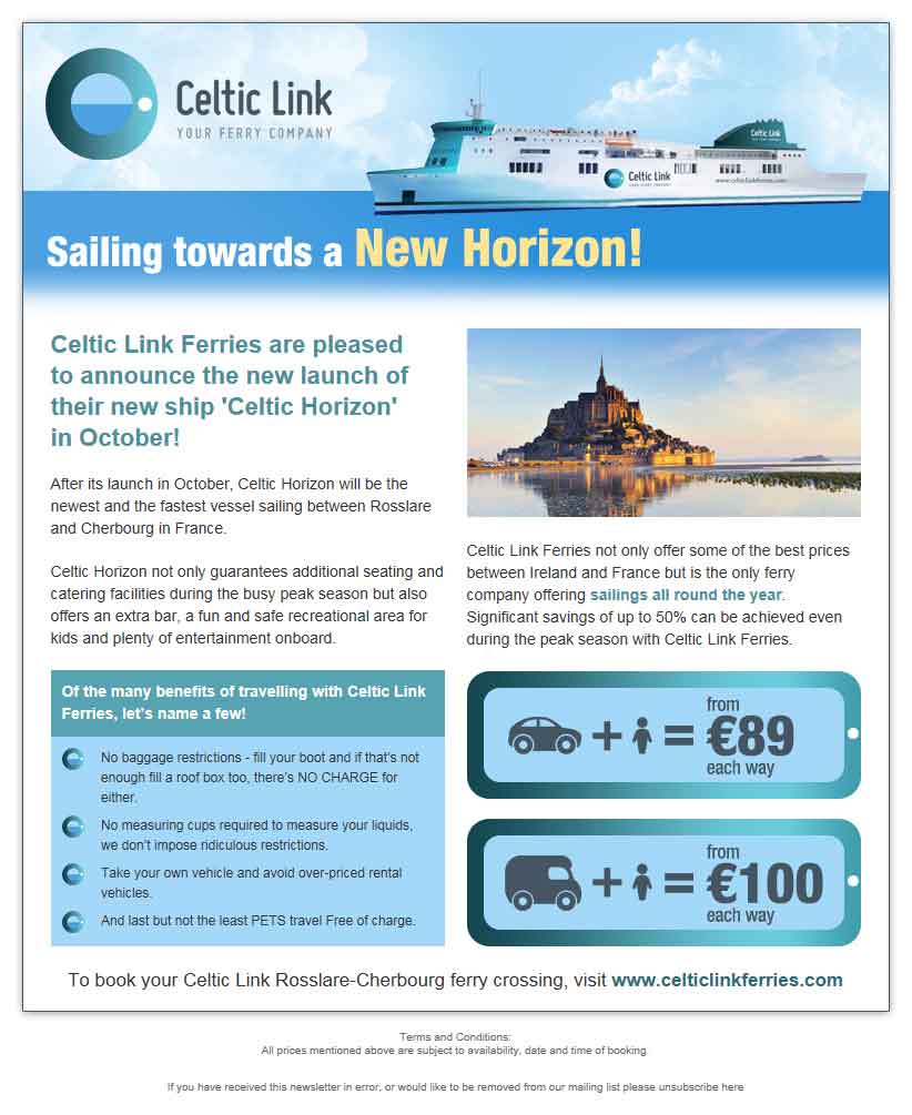 Screenshot of the Celtic Link Ferries email newsletter