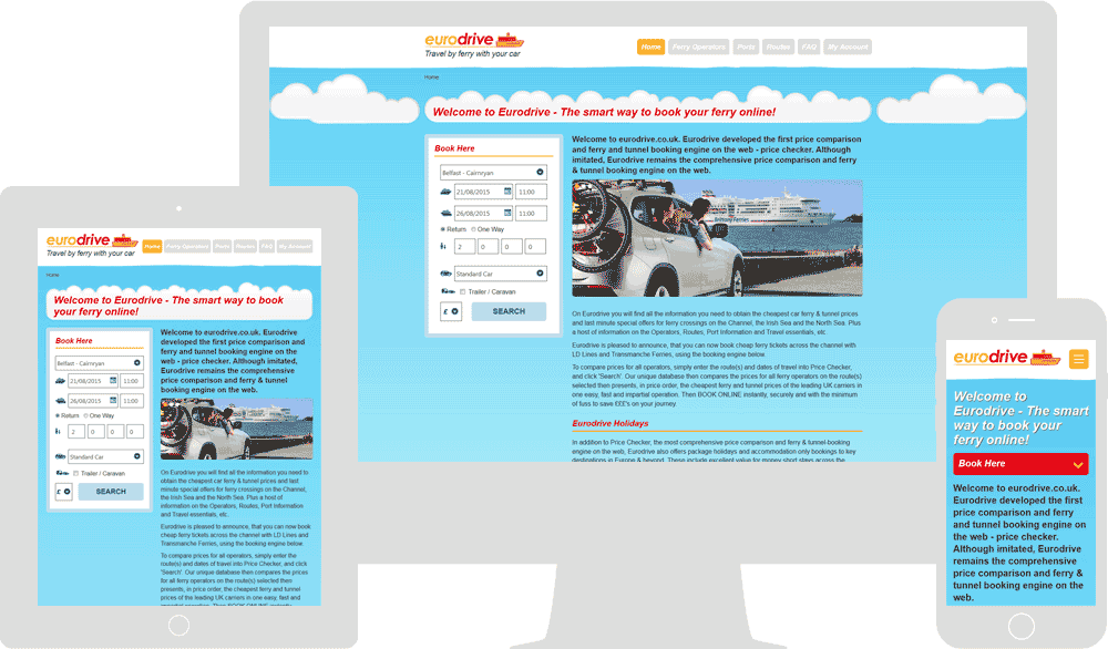 Screenshot of the Eurodrive homepage in mobile, tablet & desktop viewports