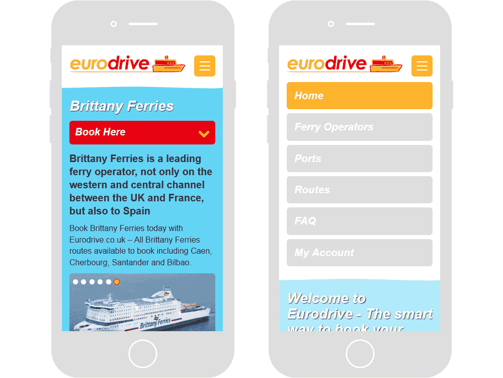 Screenshot of the Eurodrive ferry operators webpage & with the navigation open in mobile viewports