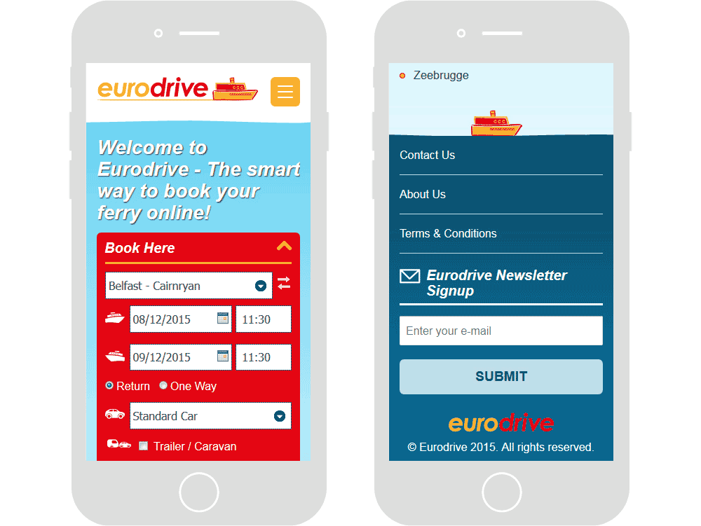 Screenshot of the Eurodrive booking form open & footer in mobile viewports