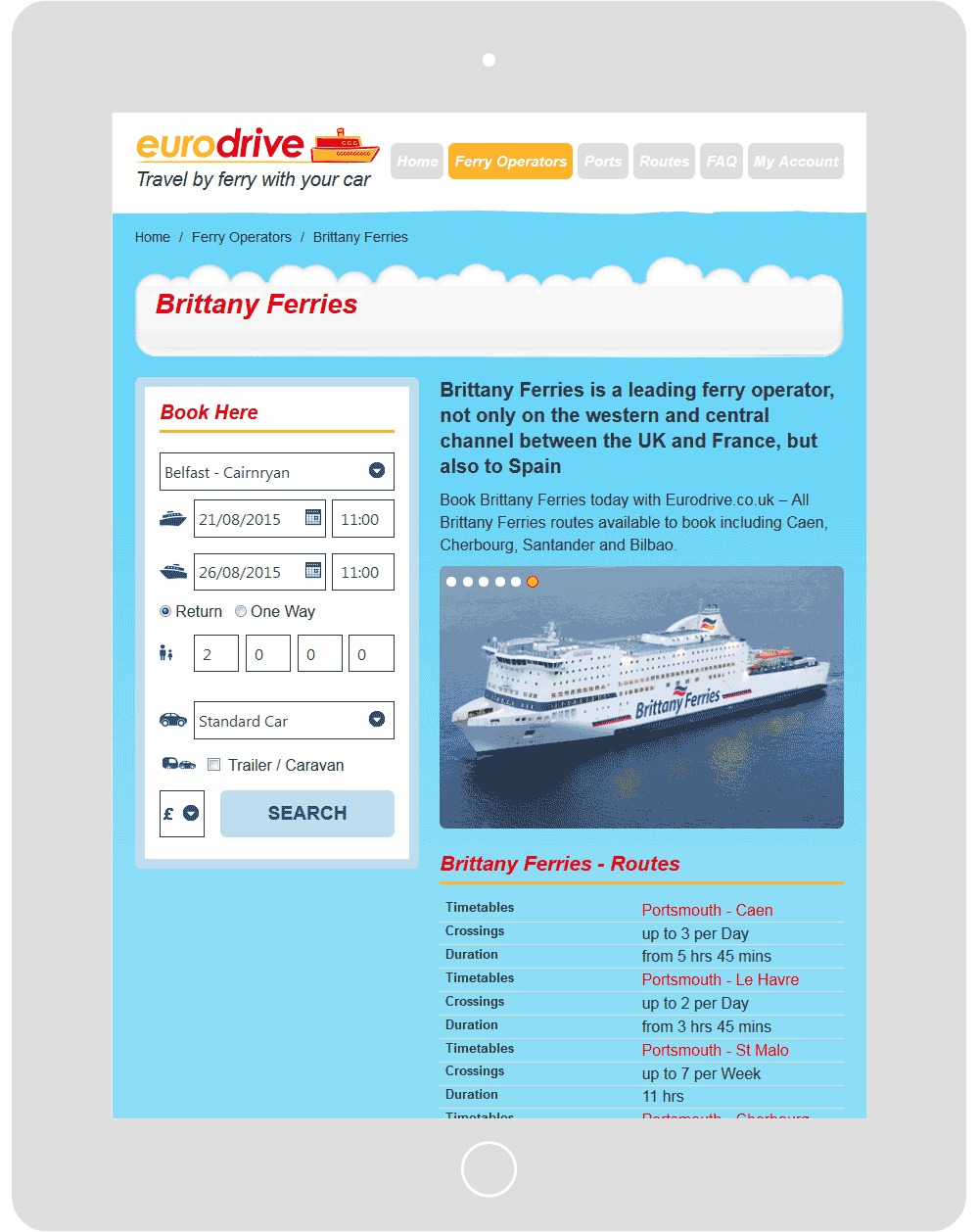 Screenshot of the Eurodrive ferry operators webpage in a tablet viewport