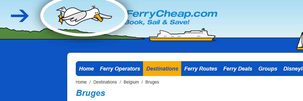 Screenshot of the FerryCheap CSS3 animated 'Sid' Seagull going along the screen from left to right in the header in a desktop viewport
