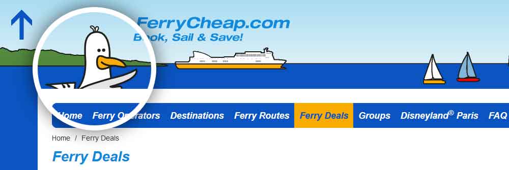 Screenshot of the FerryCheap CSS3 Animated 'Sid' Seagull appearing vertically from behind the navigation to join the logo in the header in a desktop viewport