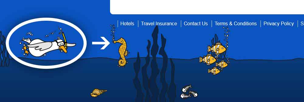 Screenshot of the FerryCheap CSS3 Animated 'Sid' Seagull going along the screen from left to right in the footer in a desktop viewport