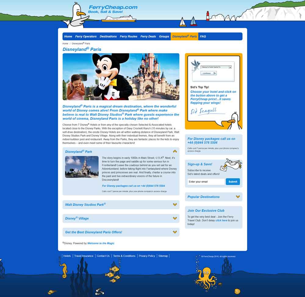 Screenshot of the FerryCheap Disneyland Paris webpage in a desktop viewport