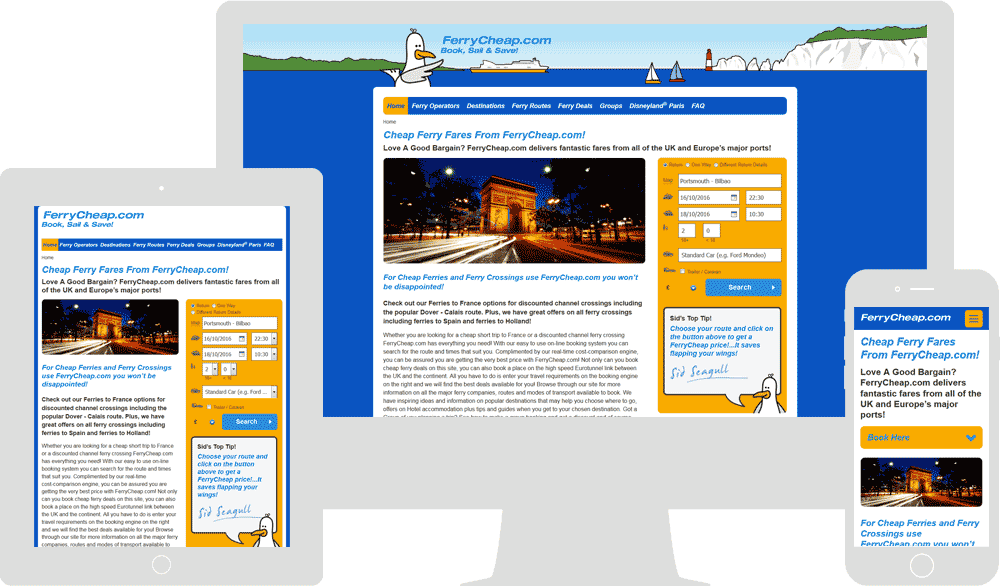 Screenshot of the FerryCheap homepage in mobile, tablet & desktop viewports
