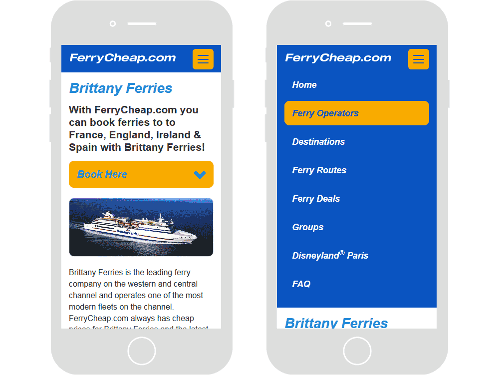 Screenshot of the FerryCheap homepage & with the navigation open in mobile viewports