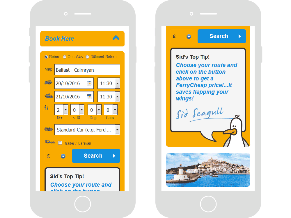 Screenshot of the FerryCheap with the booking form open in mobile viewports