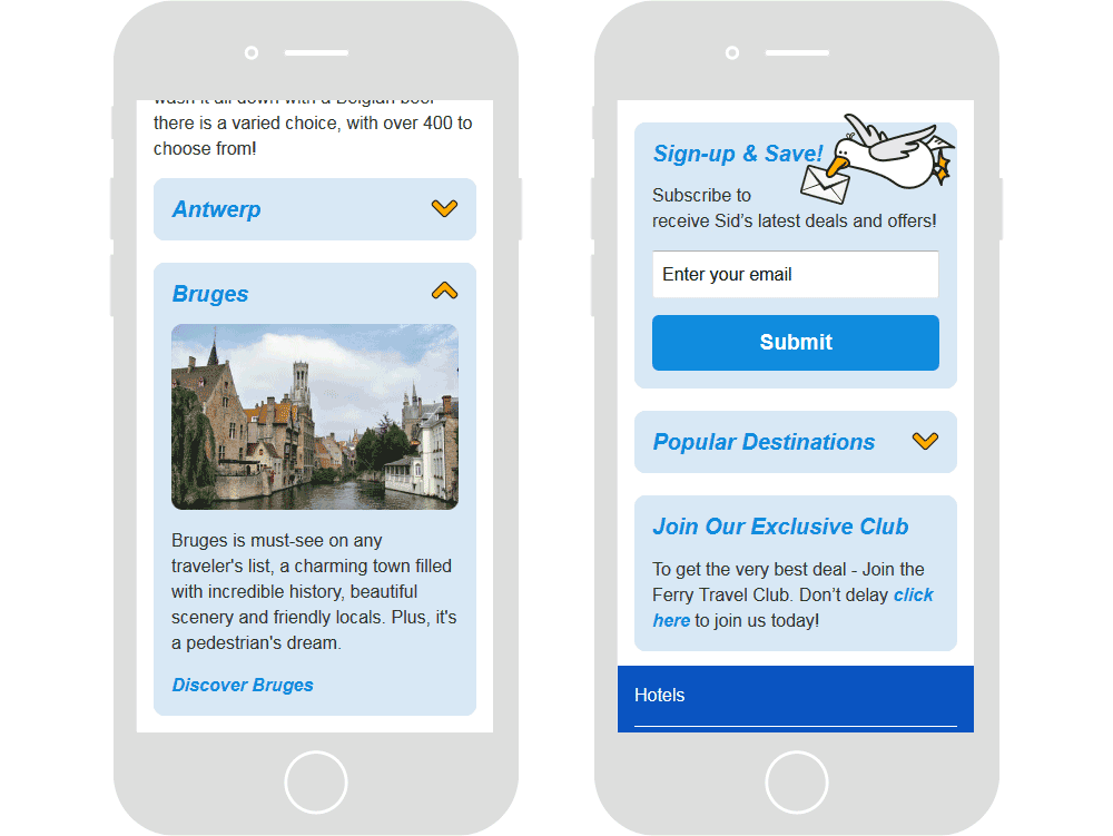 Screenshot of the FerryCheap destinations webpage in mobile viewports