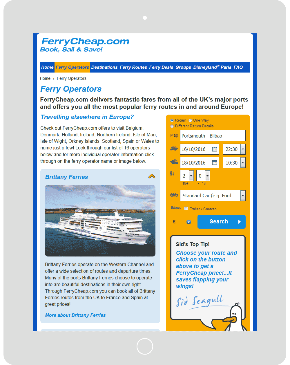 Screenshot of the FerryCheap ferry operators webpage in a tablet viewport