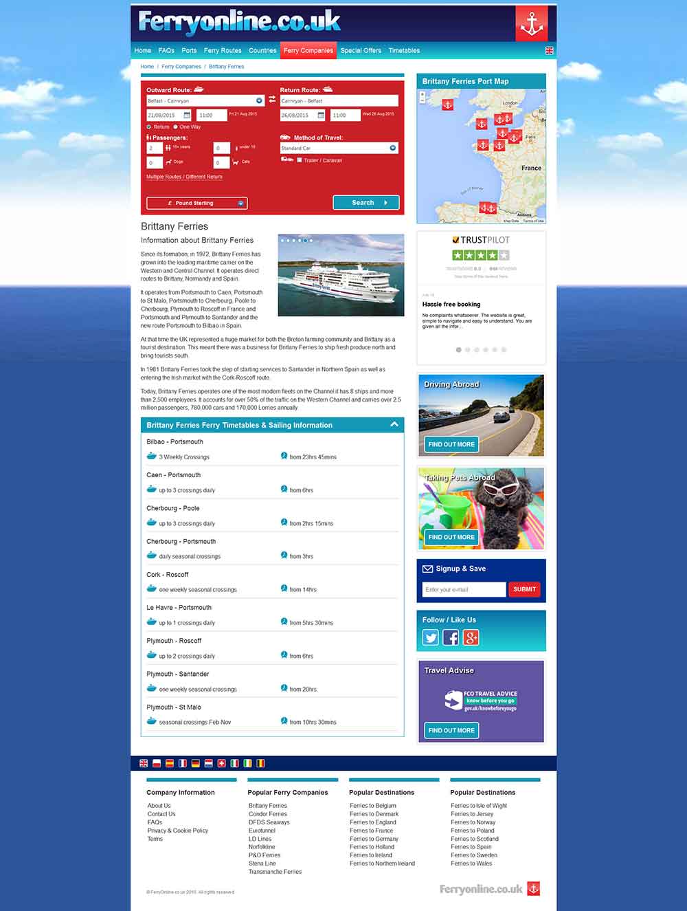Screenshot of the FerryOnline ferry operator webpage in a desktop viewport
