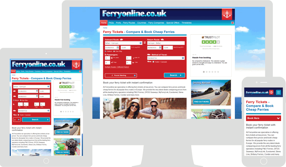 Screenshot of the FerryOnline homepage in mobile, tablet & desktop viewports