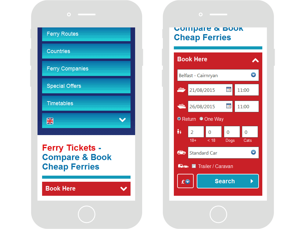Screenshot of the FerryOnline navigation expanded & the booking engine expanded in mobile viewports
