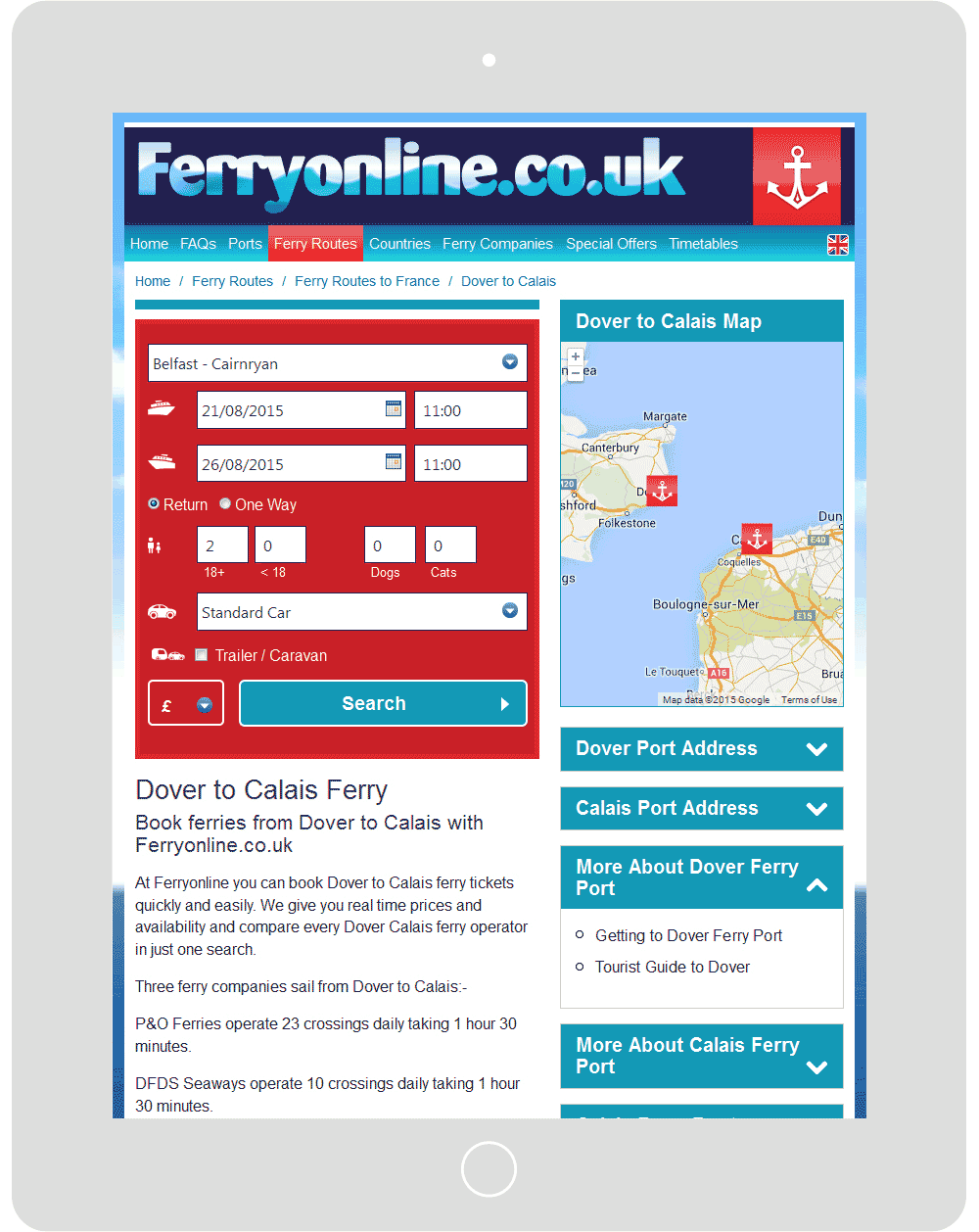 Screenshot of the FerryOnline Dover to Calais webpage in a tablet viewport