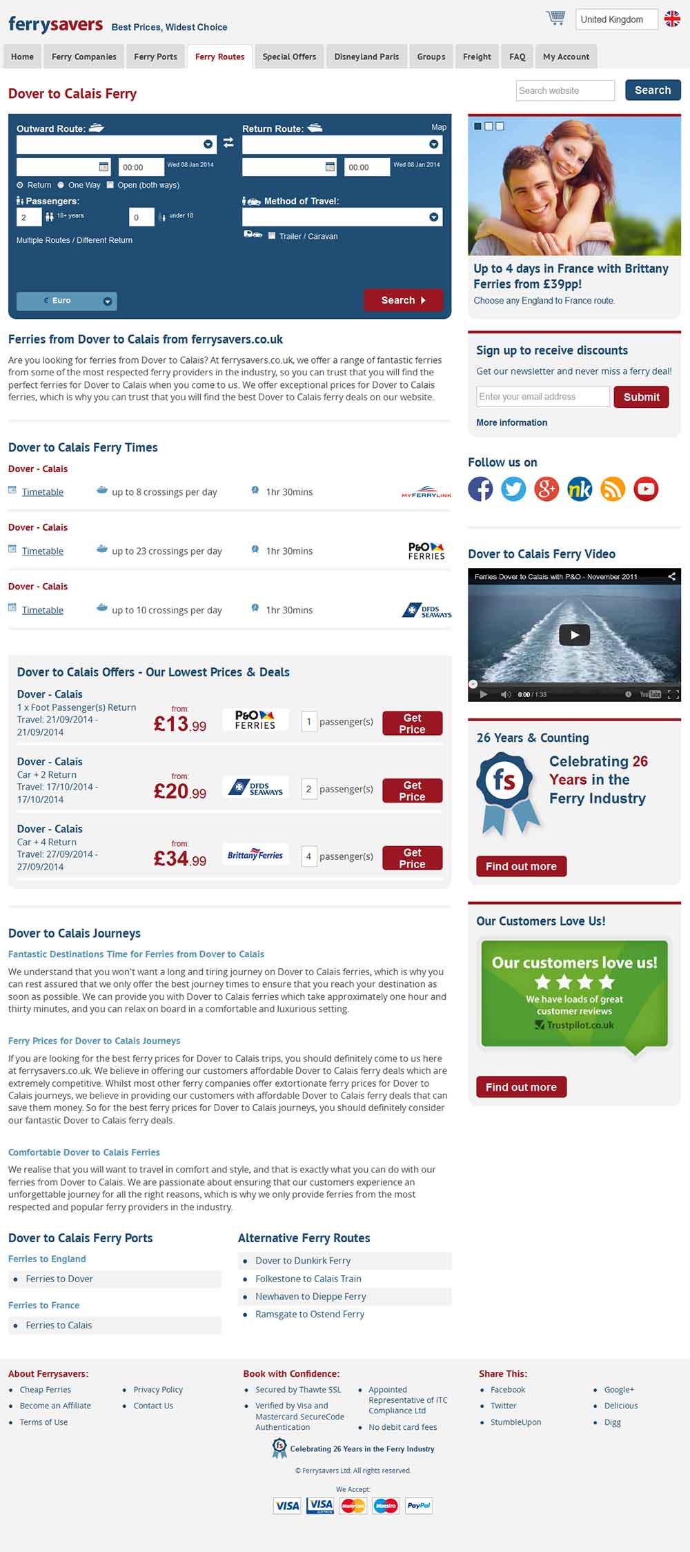 Screenshot of the Ferrysavers Dover to Calais webpage in a desktop viewport