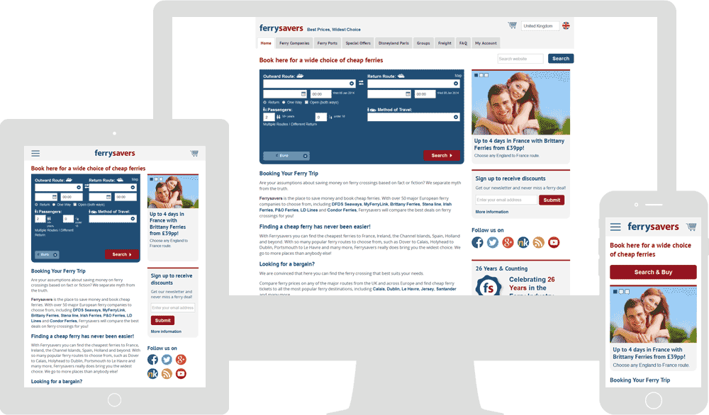 Screenshot of the Ferrysavers homepage in mobile, tablet & desktop viewports