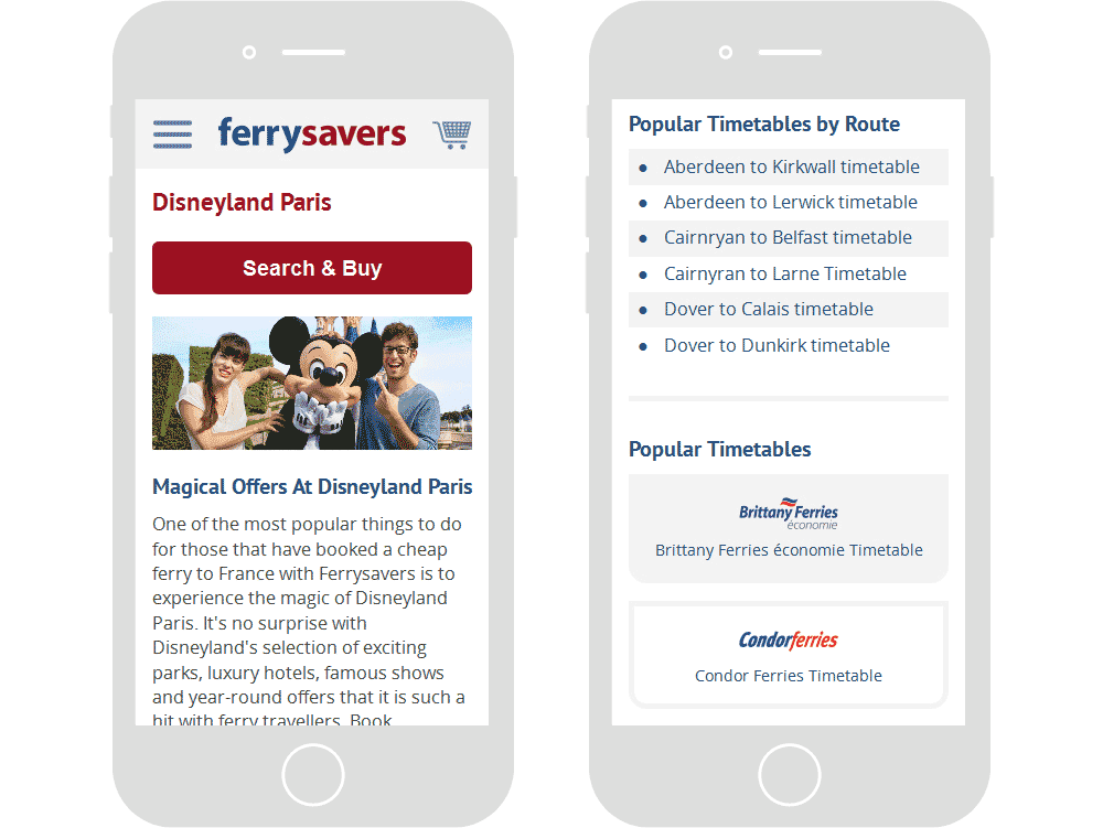 Screenshot of the Ferrysavers Disneyland Paris & timetables webpages in mobile viewports