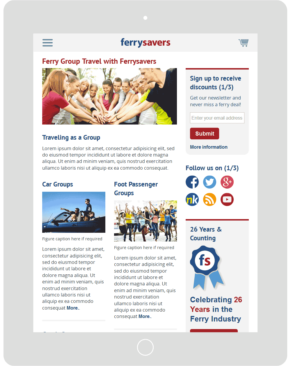 Screenshot of the Ferrysavers group travel webpage in a tablet viewport