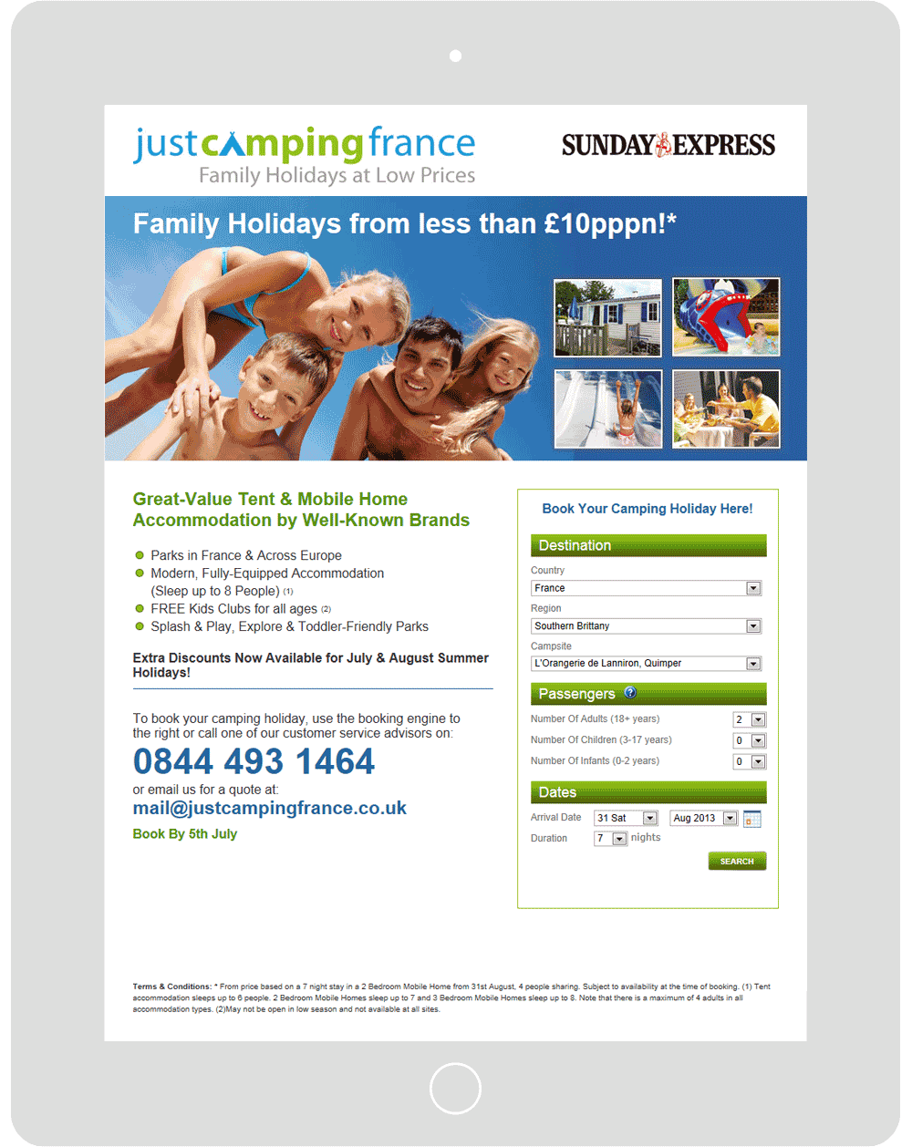 Screenshot of the Just Camping France landing webpage