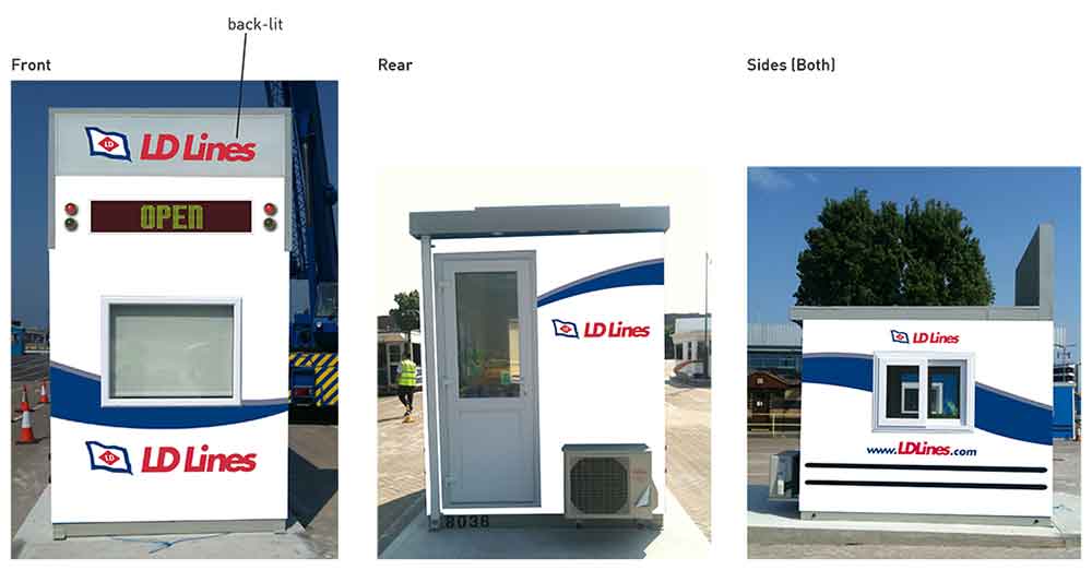 Screenshot of the LD Lines branded Portsmouth port check-in & passport control booths
