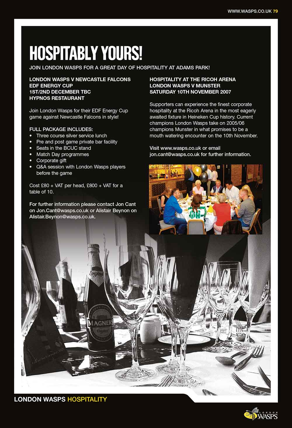 Screenshot of the Wasps Rugby Club matchday programme hospitality
