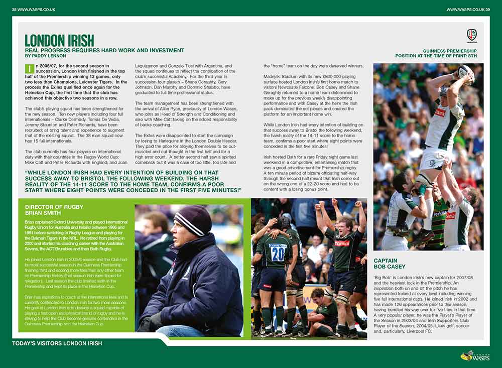 Screenshot of the Wasps Rugby Club matchday programme opposition spread