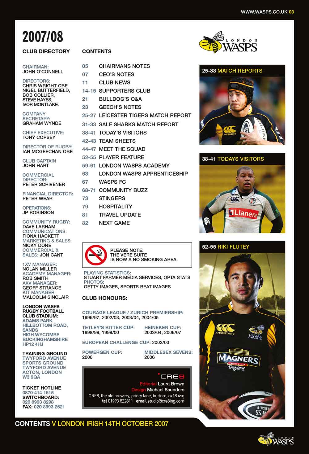 Screenshot of the Wasps Rugby Club matchday programme contents