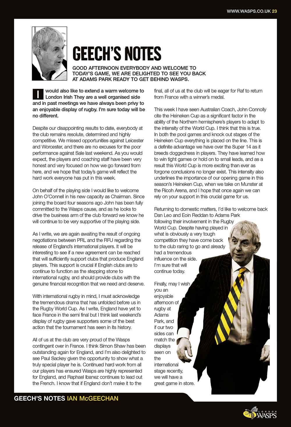 Screenshot of the Wasps Rugby Club matchday programme manager's notes
