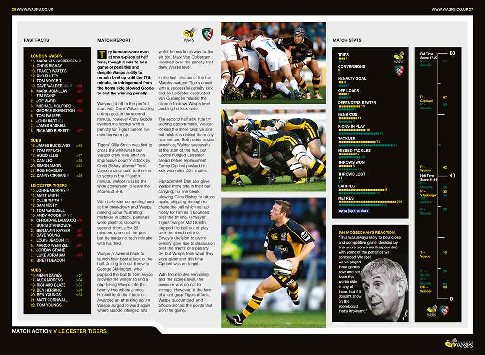 Screenshot of the Wasps Rugby Club matchday programme match report spread