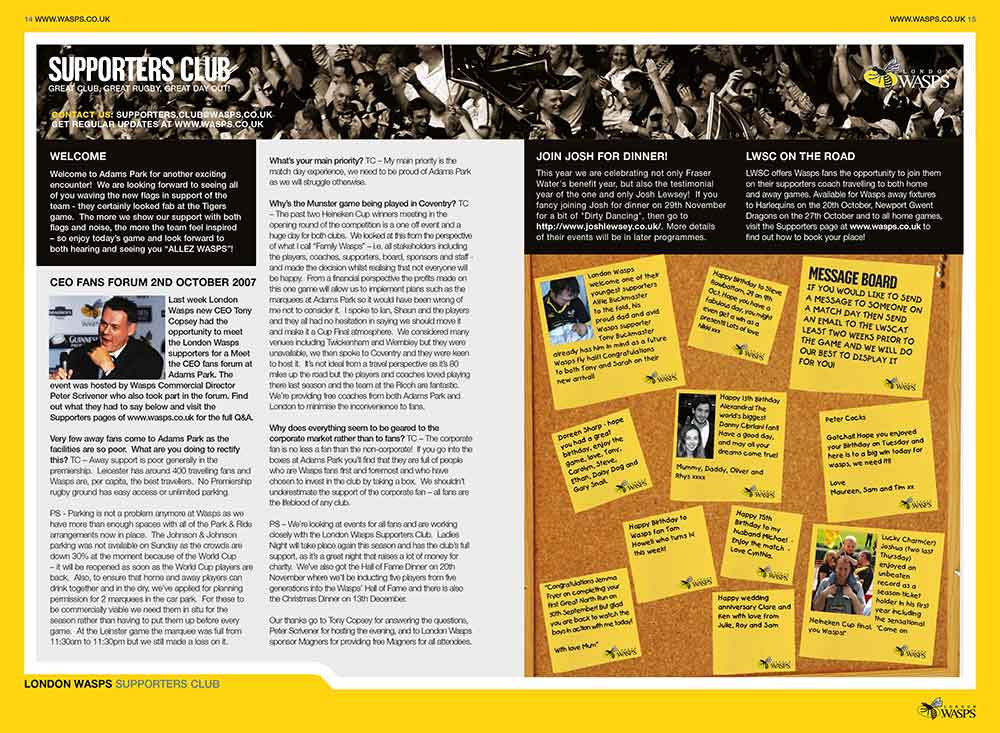 Screenshot of the Wasps Rugby Club matchday programme supporters club spread