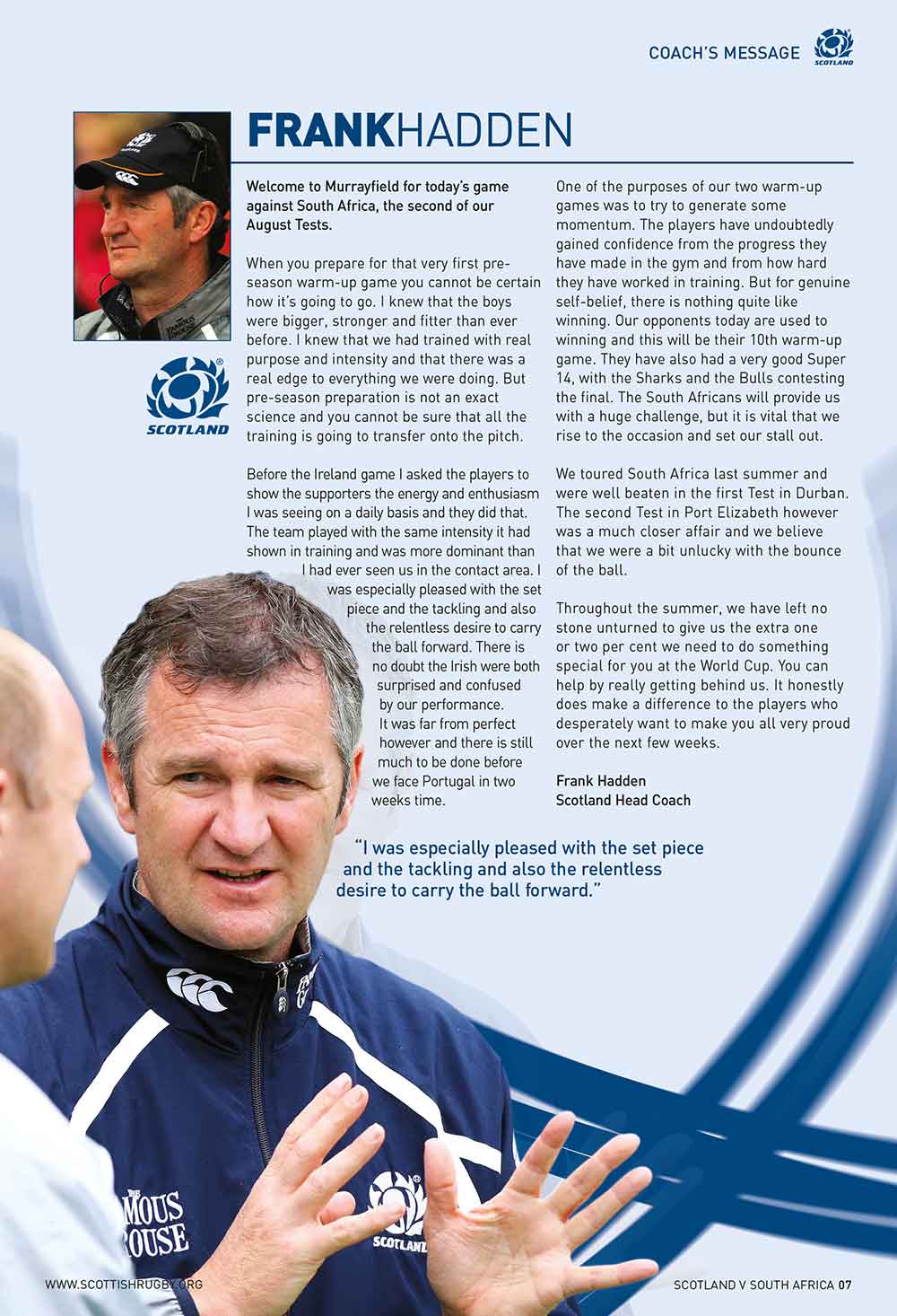 Screenshot of the Scotland Rugby matchday programme coach's message single page