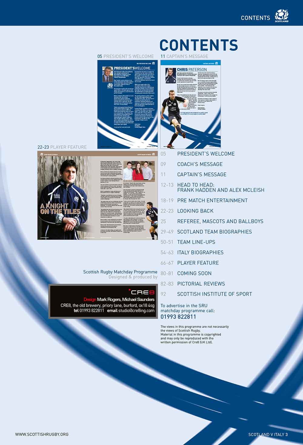 Screenshot of the Scotland Rugby matchday programme contents single page