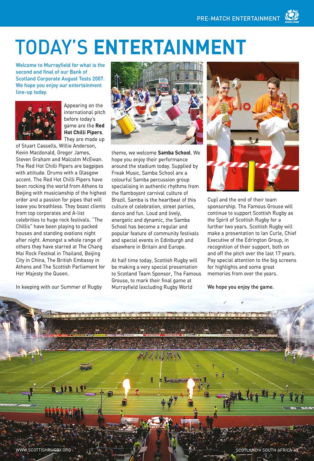 Screenshot of the Scotland Rugby matchday programme today's entertainment single page