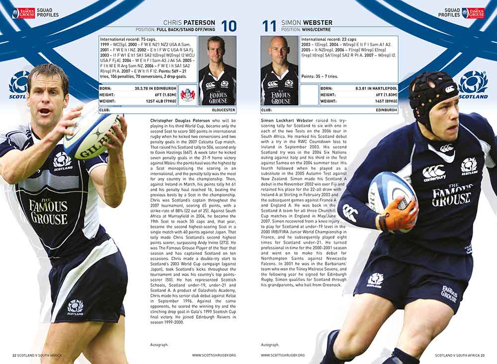 Screenshot of the Scotland Rugby matchday programme squad profiles spread