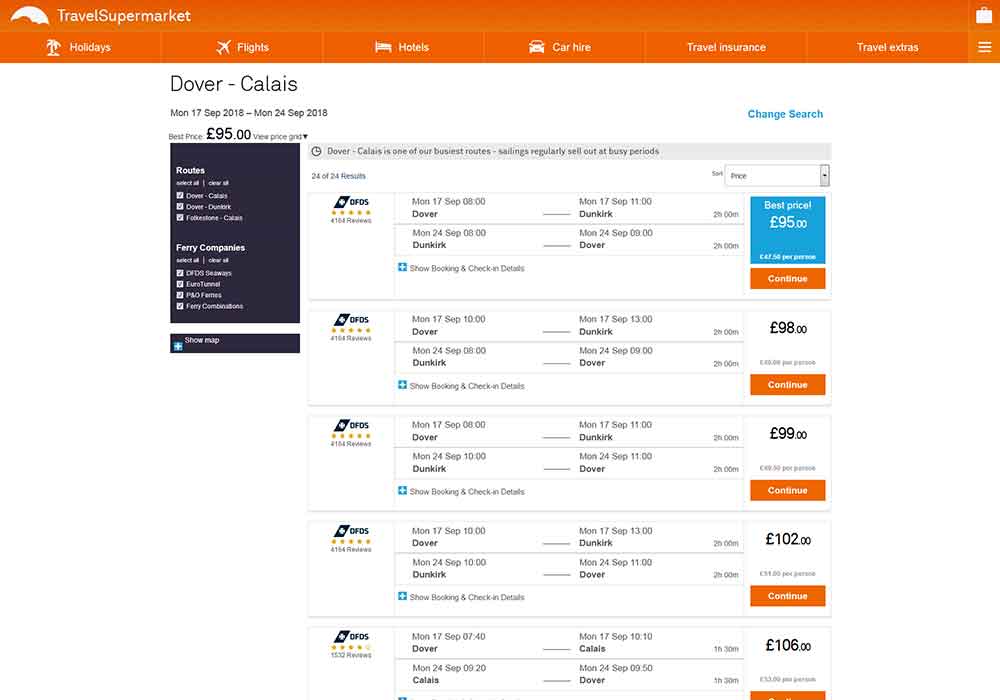 Screenshot of the TravelSupermarket booking flow webpage in a desktop viewport