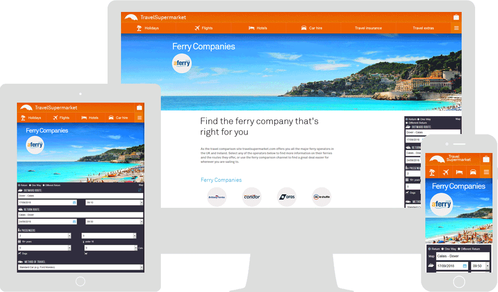 Screenshot of the TravelSupermarket ferry companies webpage in mobile, tablet & desktop viewports